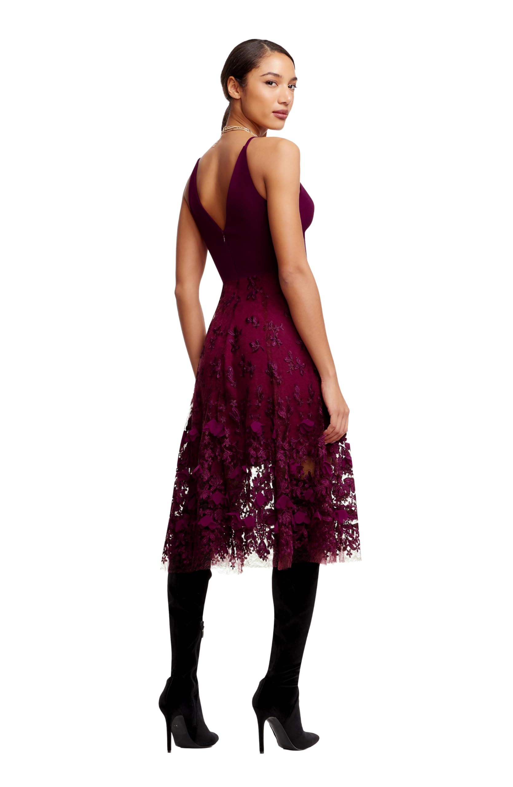 Dress the Population Women's Darleen Sleeveless Plunging Neckline Fit and Flare Midi Dress: XX-Large Dark Magenta