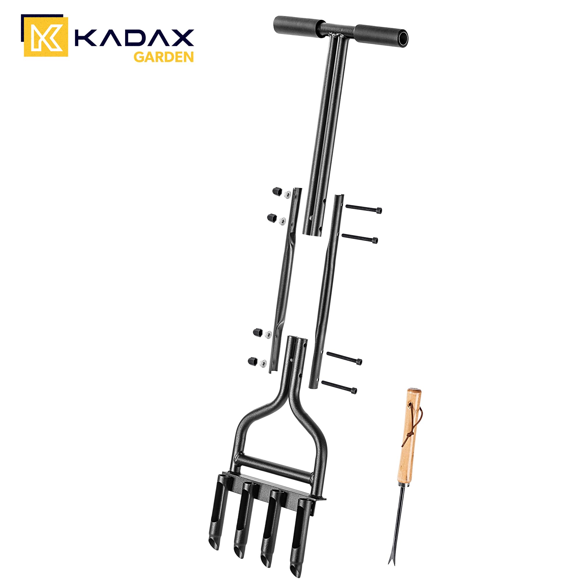 KADAX Aerator do trawnika z uchwytem T, 4 rurowe kolce wycinające korki gleby, solidna stalowa konstrukcja, poprawia drenaż i dostęp powietrza do korzeni