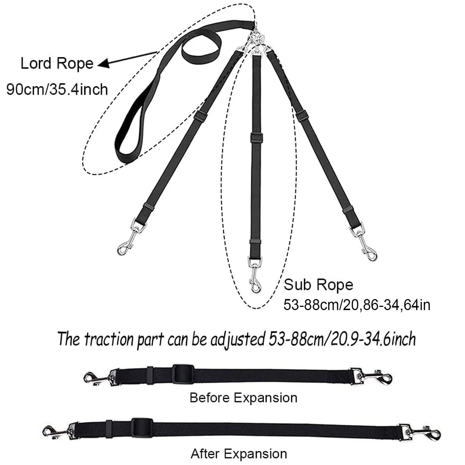 Lijn voor 3 honden, 3-in-1 puppylijn, hondenriem, nylon kleine honden, koppellijn, hondenriem, flexibel, 53-88 cm, voor kleine middelgrote katten