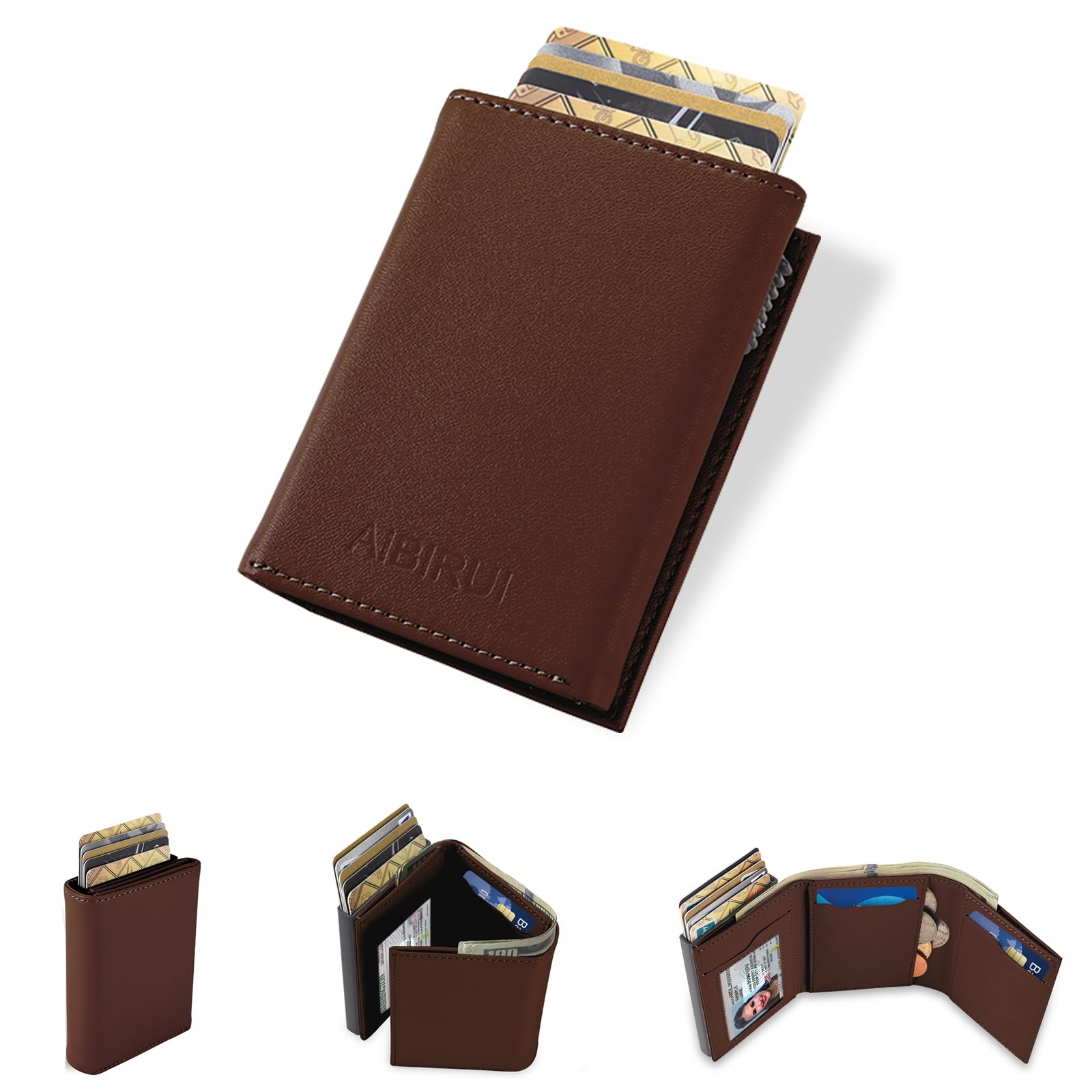 Aibirui Minimalist Wallet for Women-Pop Up Business Card Case,Money Clip RFID Blocking Leather Slots Credit Card Holder Trifold Slim Wallet with ID