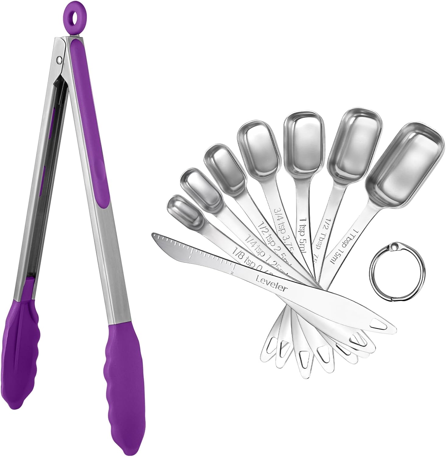 U-Taste 600℉ Heat Resistant Food Grade Non Stick Firm Cooking Tongs (12 in+Silver), and 18/8 Stainless Steel Square Measuring Spoons Set of 8 (Purple+Silver)