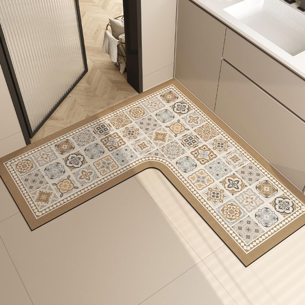 Lukery Alfombra Baño de Diatomitas, Lavables Alfombrilla de Baño en Forma de L, Alfombrillas Secado Rápido Antideslizantes Absorbente Alfombra para Bañera Ducha (Bohemio,140x140cm)