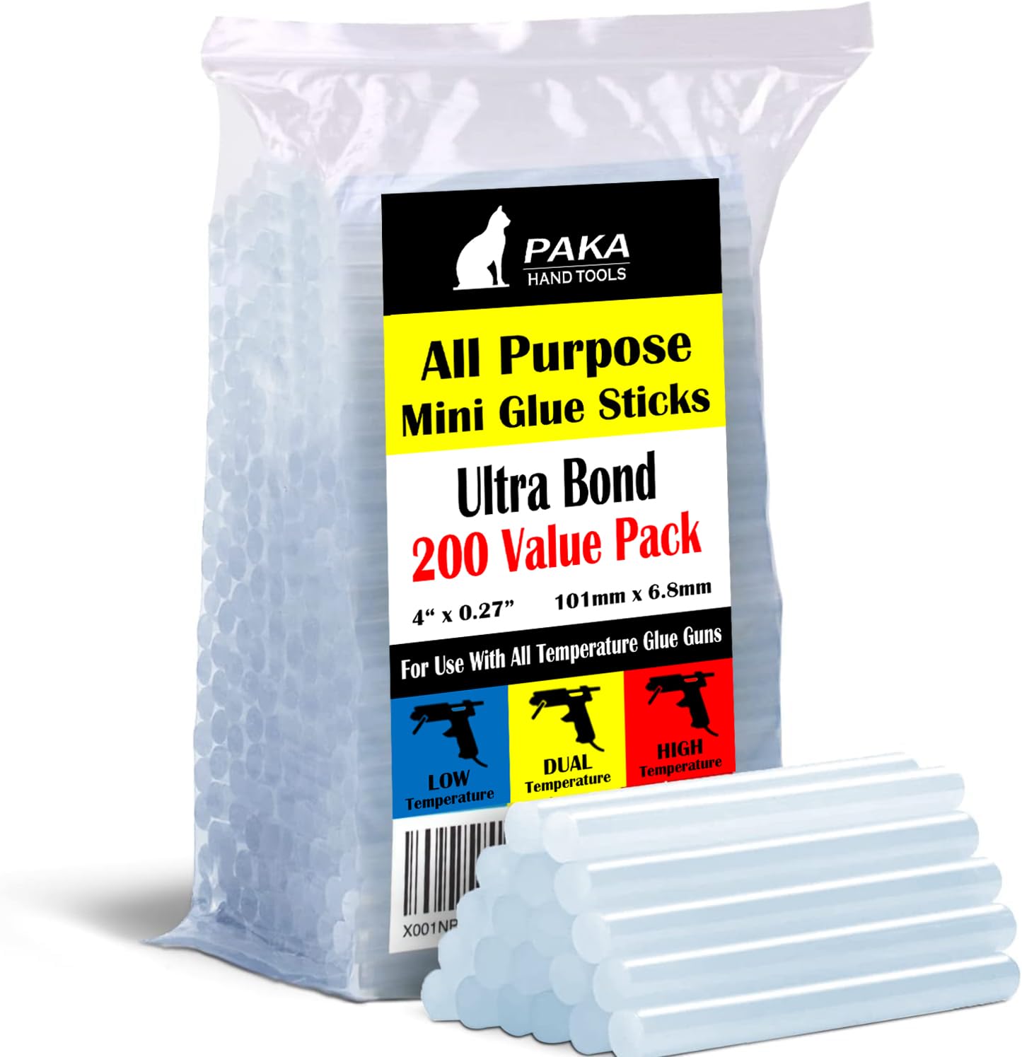 PAKA Tools Mini Hot Glue Sticks (Huge Bulk Pack of 200) 4" and 0.27 Diameter - Compatible with Most Glue Guns,