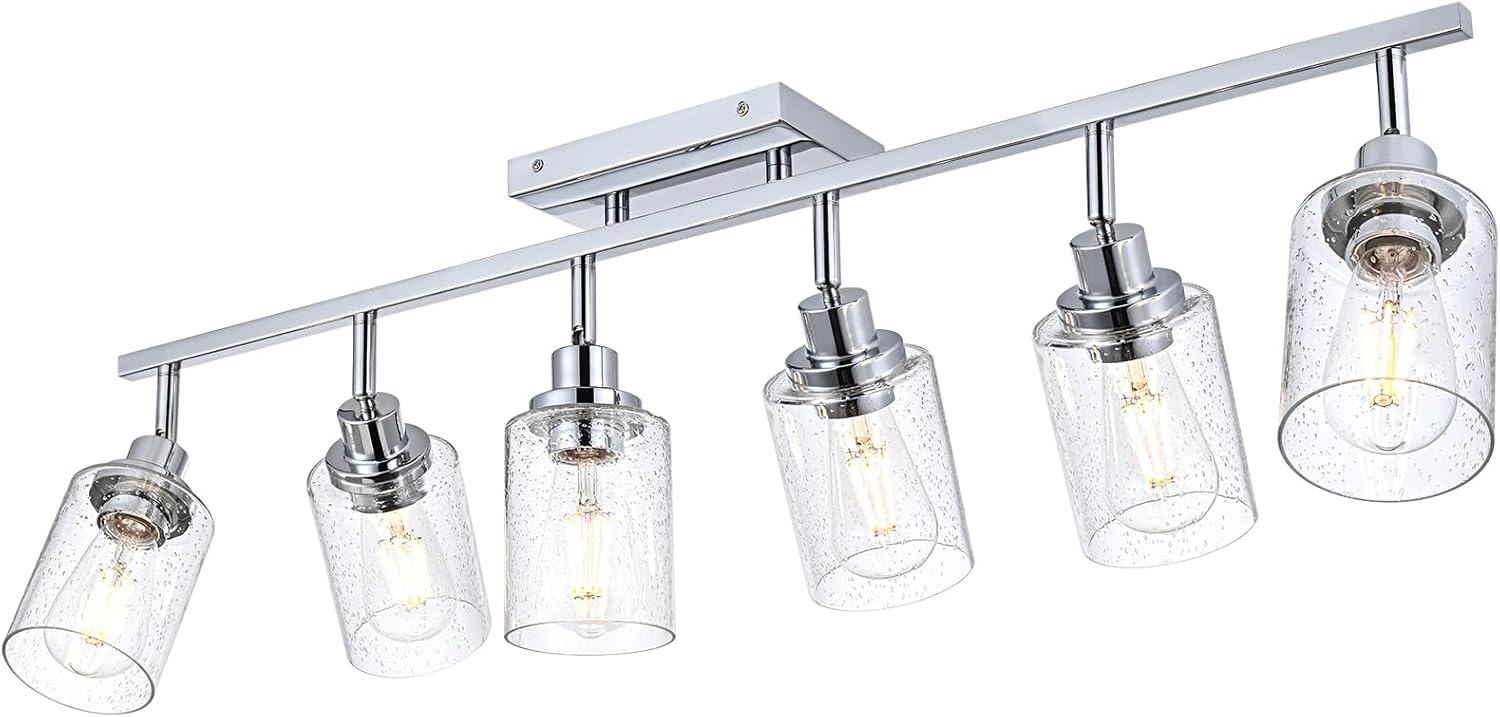6-Light Track Lighting Kit Chrome Tracking Lights Fixture Ceiling Vanity Light with Seeded Glass Track Lighting Heads, Multi-Directional Rotating Spotlight Fixtures for Kitchen Accent Shop