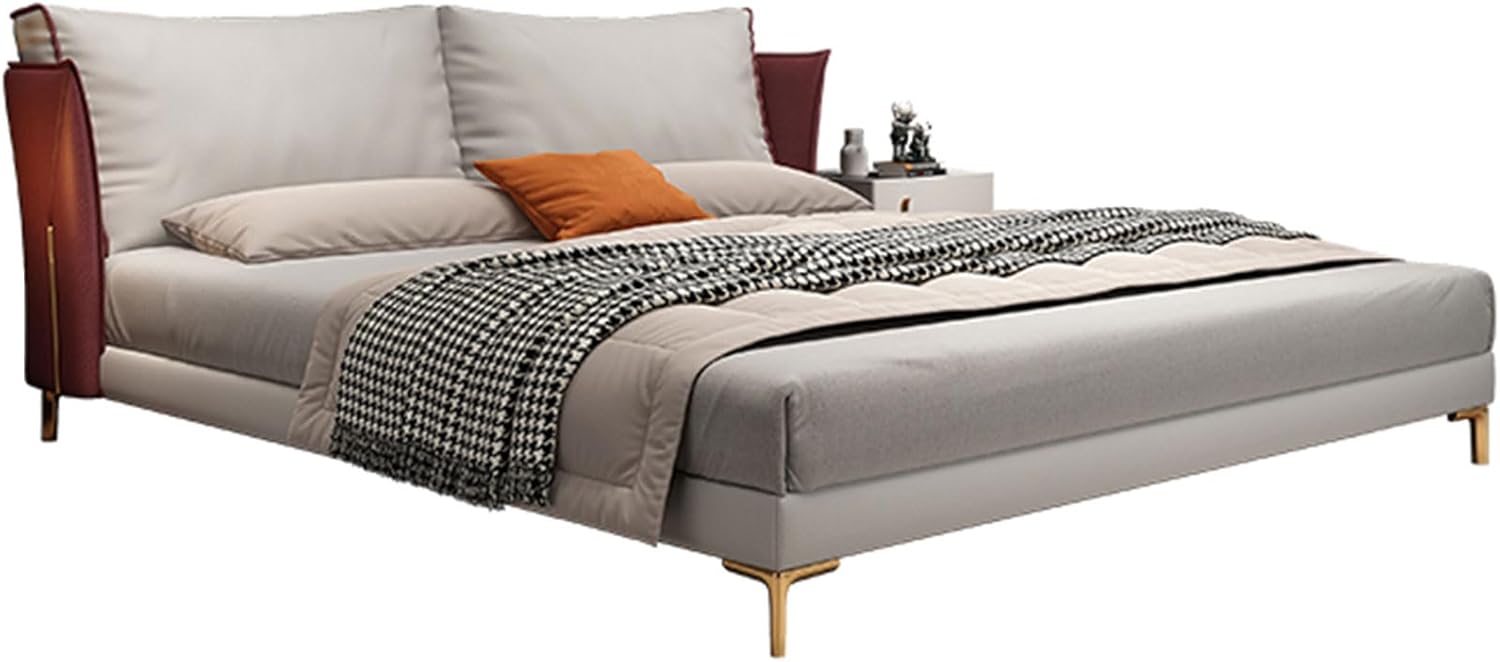 Modern Leather Queen Size Platform Bed Ergonomic Upholstered Headboard with Heavy Duty Wooden Slat Support Noise-Free