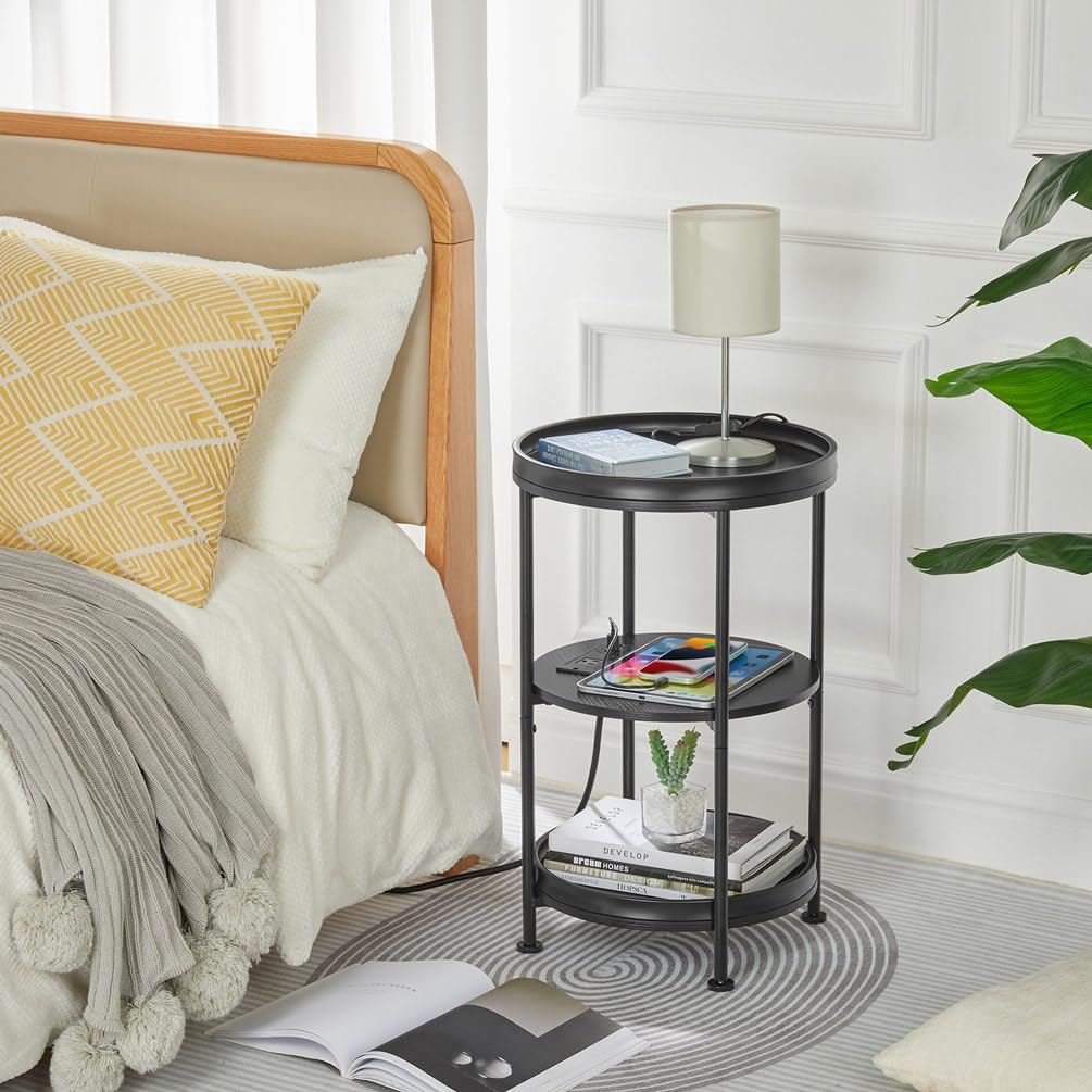 Dulcii Tavolino rotondo con stazione di ricarica, tavolino da 61 cm con 3 ripiani per soggiorno, camera da letto, comodino con struttura in acciaio per piccoli spazi, divano rotondo industriale (USB +