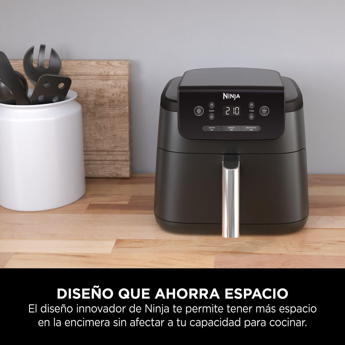 Ninja freidora de aire de 4,7 l, monocajón, 3 en 1, fríe con aire, recalienta, deshidrata, 1-2 personas, digital, cocina sin descongelar, cajón y rejilla antiadherentes, 2000W, negra AF110EU