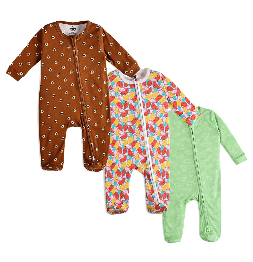 Sponsored Ad - Baby Zipper Romper Cotton Soft and Comfortable Kids Bodysuit Sleep Wear Front Zippers Printed Combo Of 3 (Beary Best-Fruitilicious-Vroom Vroom- 6-9 M)