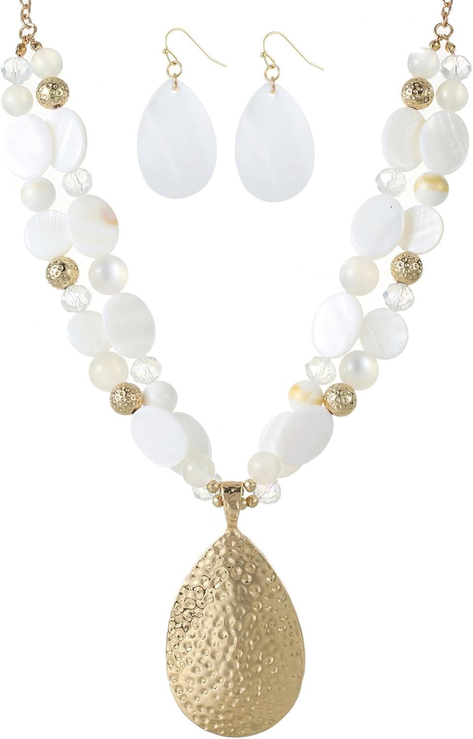 Gold/Silver 20''+3'' Teardrop Pendant Statement Necklace for women Trendy Colorful Crystal Shell Beaded Gemstone Necklaces and Earrings Set Womens Layered Boho Chunky Necklaces and Dainty Teardrop Earrings Jewelry Gifts