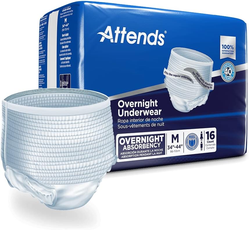 Attends Overnight Underwear for Adult Incontinence Care with ConfidenceCuff™ Protection, Overnight Absorbency, Unisex, Medium, 16 count (x4)