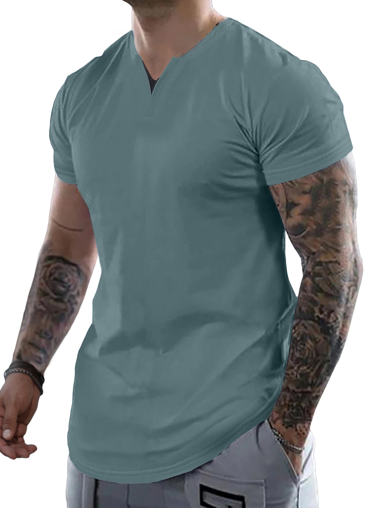 JMIERR Mens Muscle Slim T Shirts Summer V Neck Gym Shirt Casual Cotton Workout Athletic Longline Tees