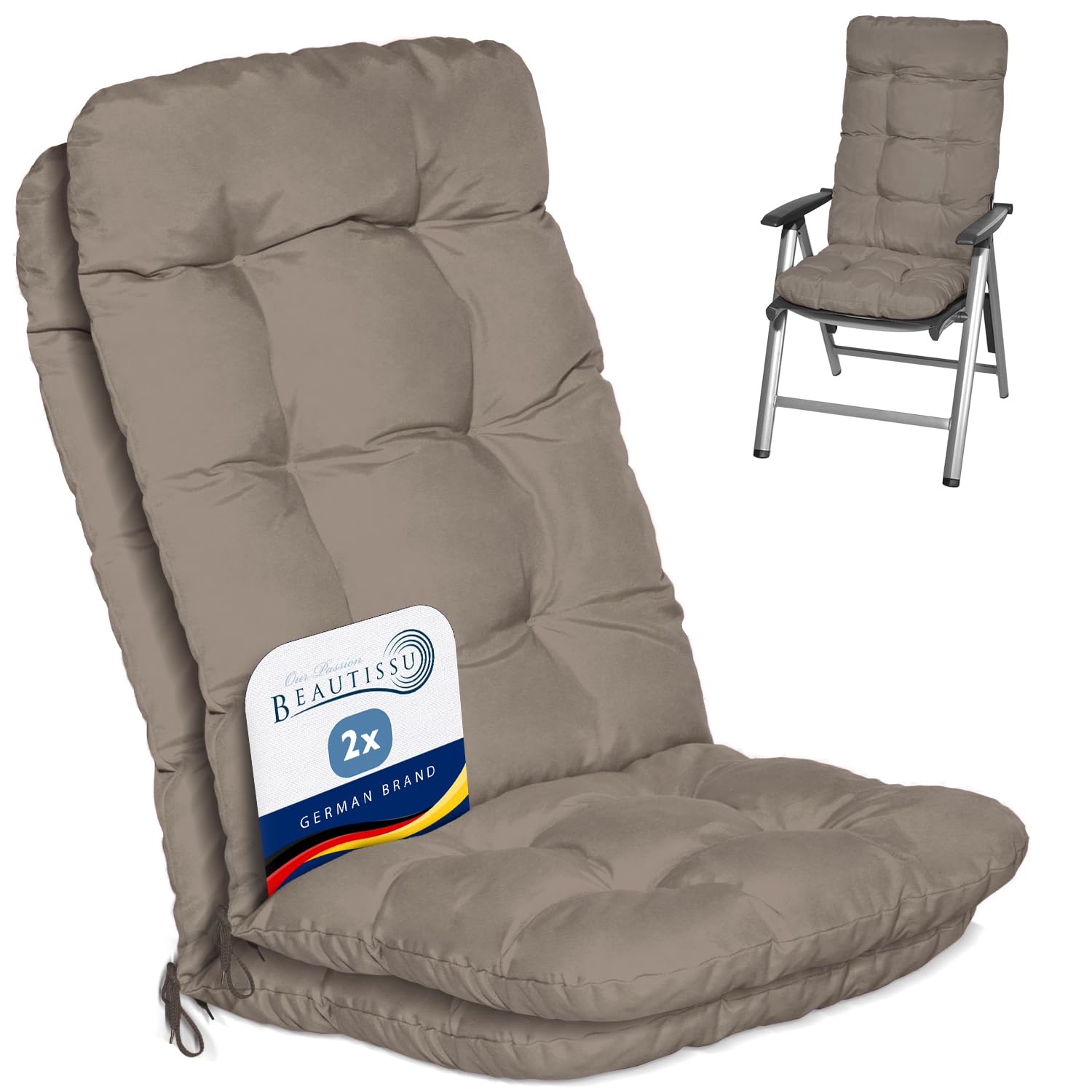 Beautissu Set of 2 Highback Garden Chair Cushions for Recliner Patio Seat