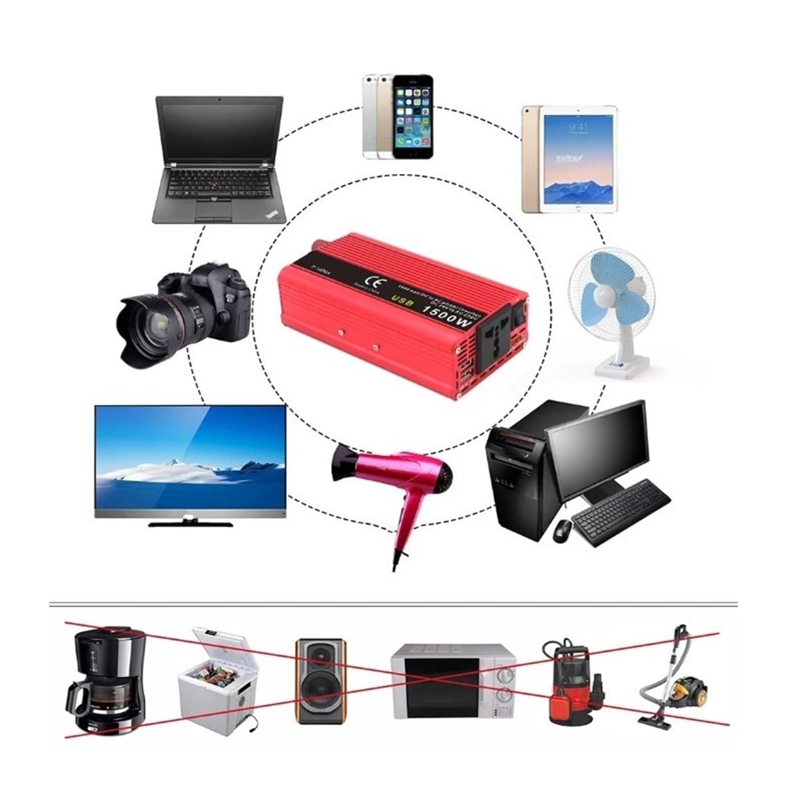 Convertidor Inversor Transformador Inversor Energía Solar Portátil 1500W/2000W 24V A 220V/230V Convertidor Voltaje Enchufe Universal Accesorios para Automóviles.