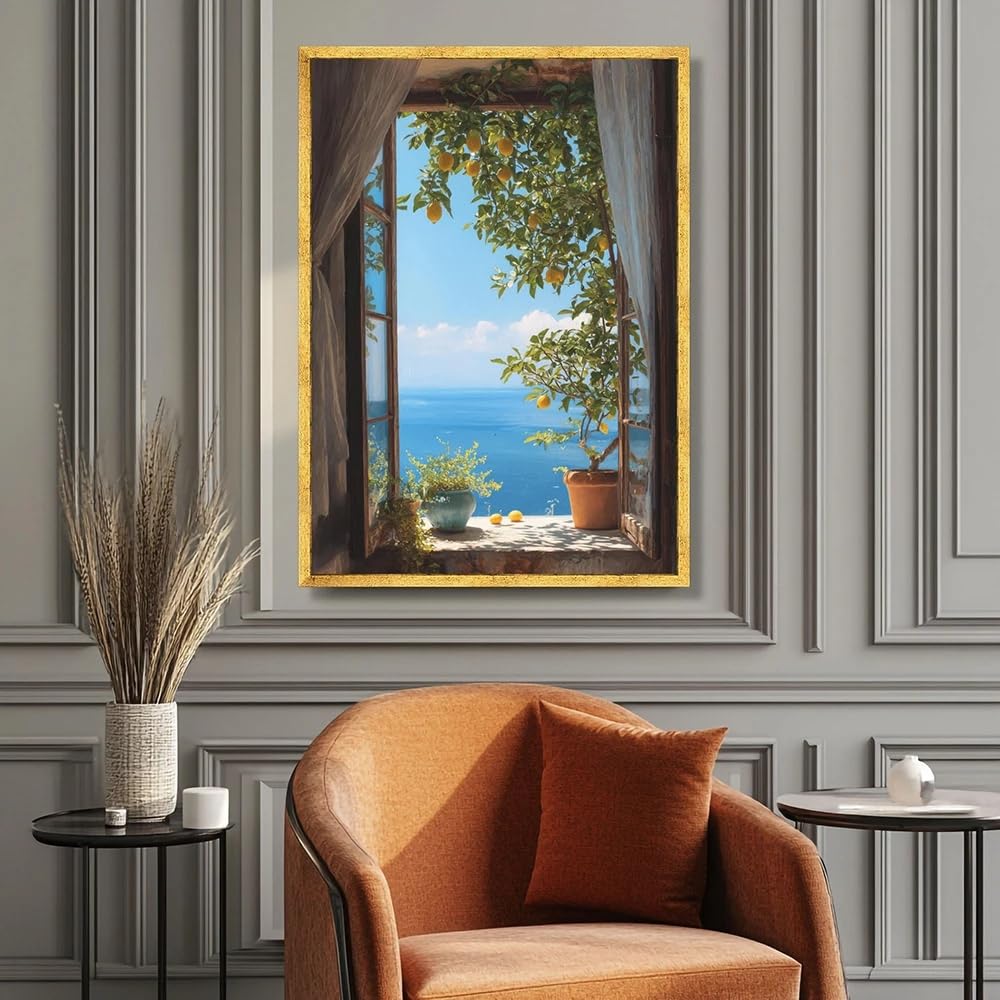 GOSRD Canvas Prints Lemon Tree Open Window Wall Art Sea View Potted Plant Coastal Decor Home(70x100CM/Frameless)