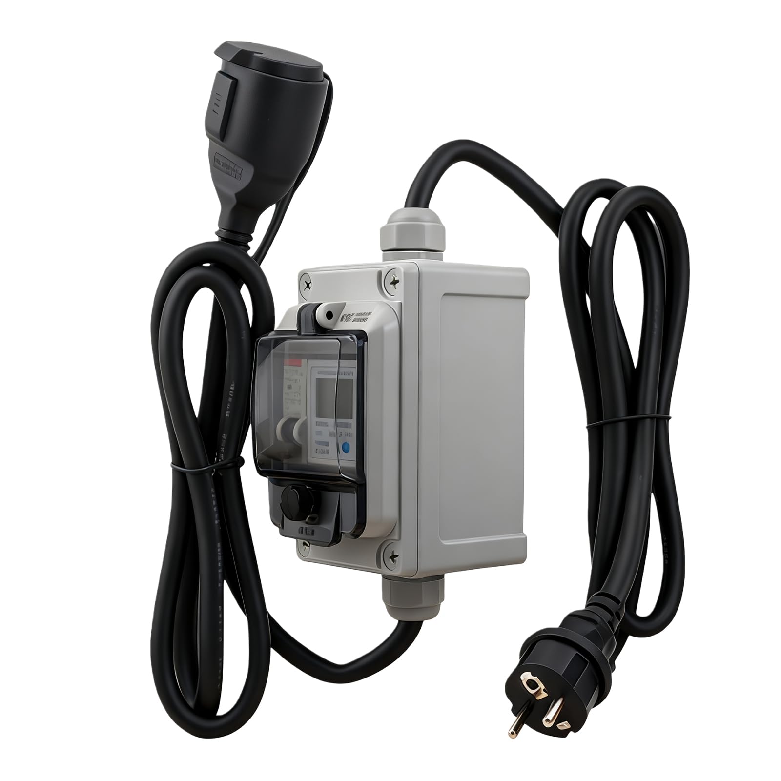 Medidor de corriente digital móvil 230 V 16 A, IP67 resistente al agua para exteriores con interruptor de protección FI, contador intermedio de corriente con enchufe y acoplamiento para autocaravanas