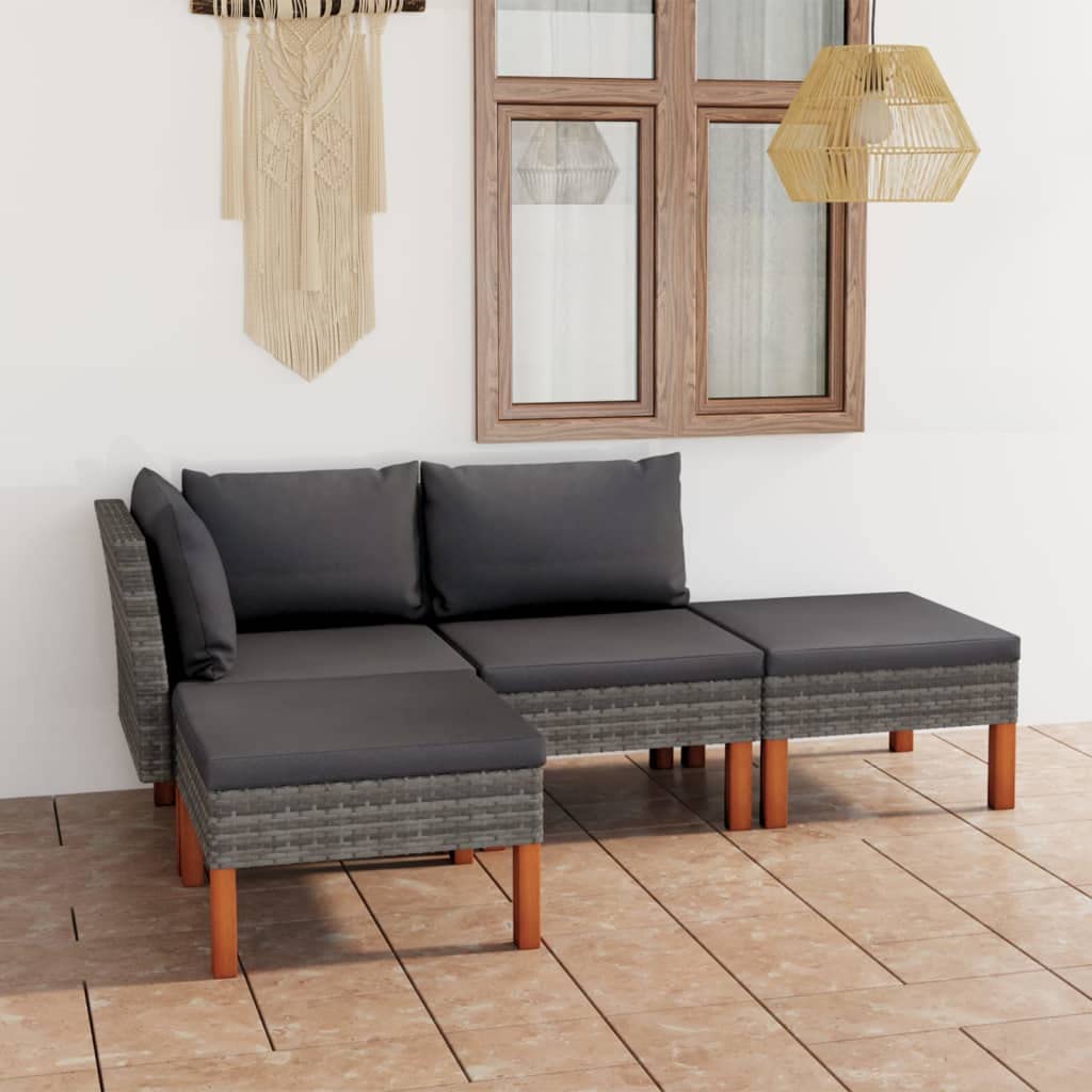 Set di 4 sale da giardino in polyrattan grigio con cuscino antracite, 60,5 x 64,5 cm, salvaspazio, resistente alle intemperie, per piccoli balconi, terrazze e giardini