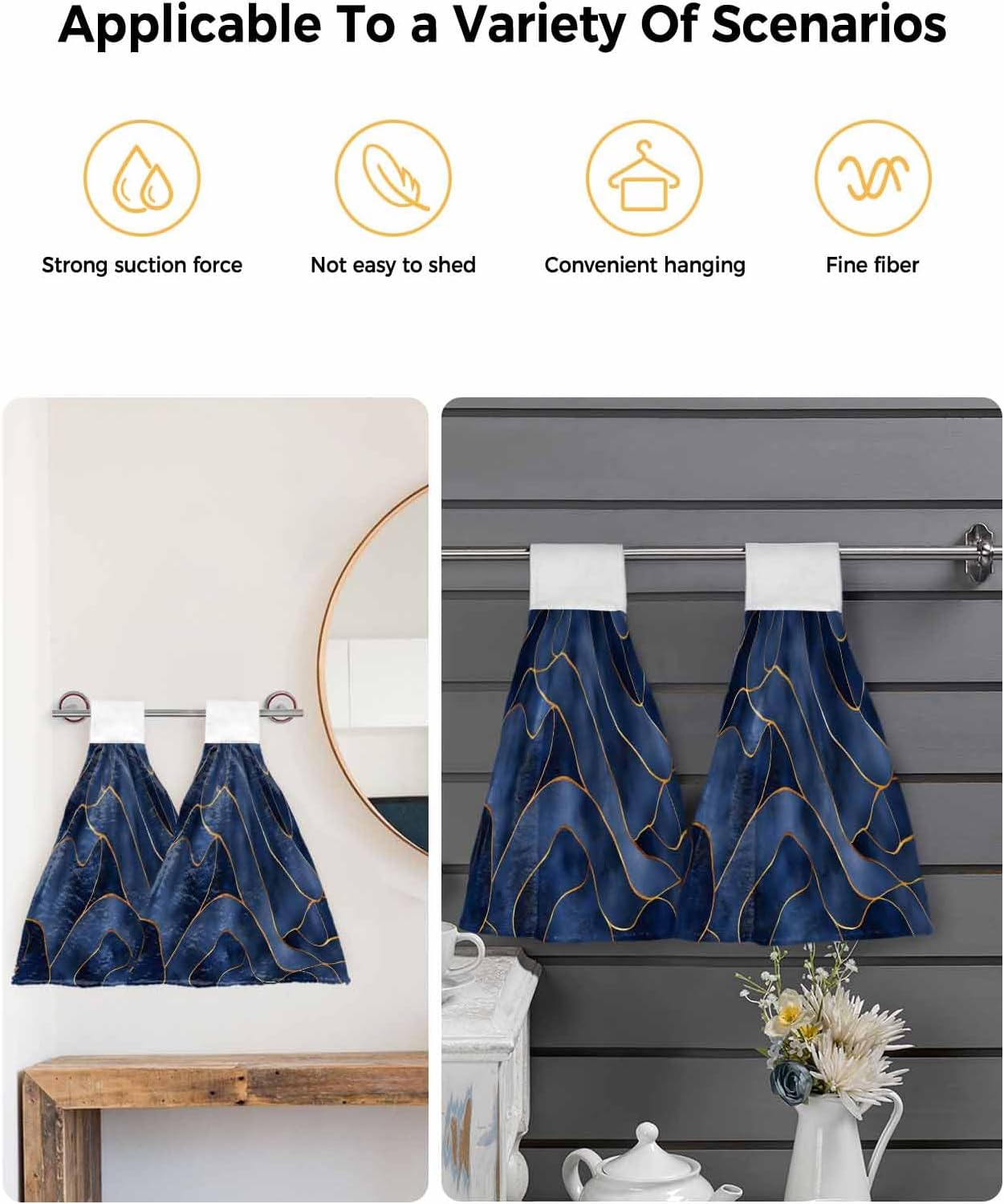 Navy Blue Gold Kitchen Hand Towels with Hanging Loops Set of 2 Boho Marble Abstract Geometric Striped Soft Thick Oven Fingertip Dry Microfiber Tie Dish Towel Cleaning Washcloth for Bathroom,Kitchen