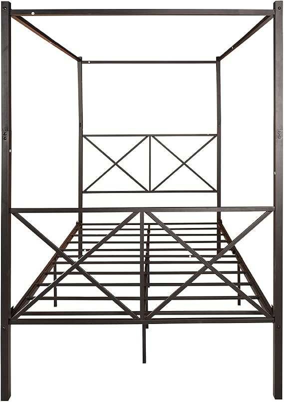 Canopy Bed Frame Double Size with Metal Headboard and Footboard Modern Style Steel Bed Platform Heavy Duty Slats Bed, Black
