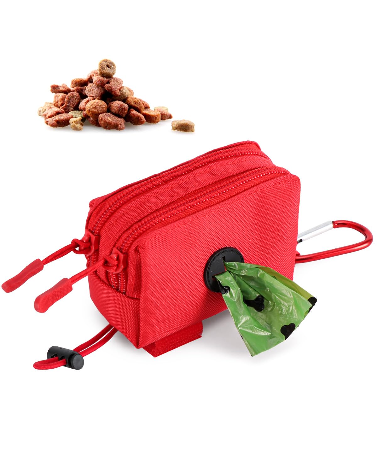 Dog Poop Bag Holder for Leashes, Red Doggie Waste Bag Dispenser and Treat Holder, with Carabiner Hook and Poop Bag Clip, Used Waterproof Wear-Resistant Fabric and 2 Zippered Pouches for Walking