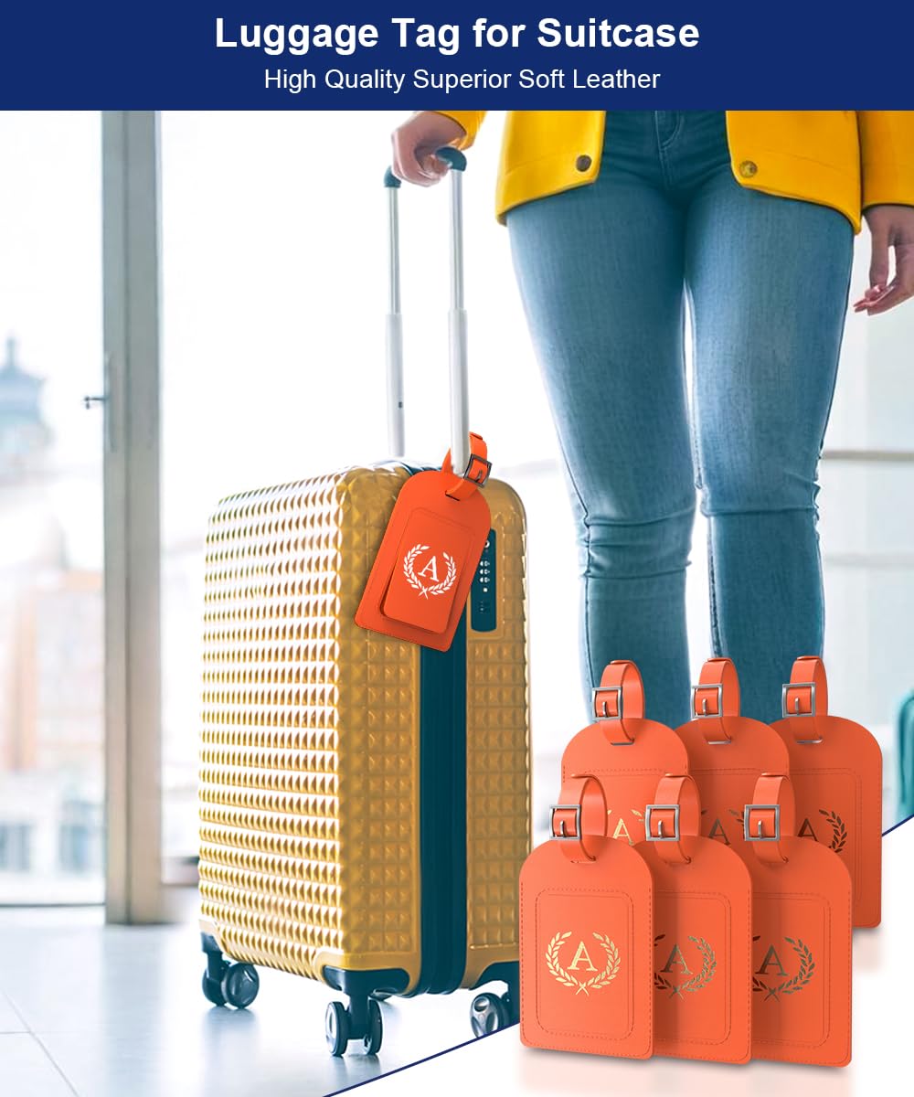 Paquete de 6 etiquetas de equipaje para maletas, 26 letras iniciales de viaje, etiquetas de identificación de equipaje, etiquetas totalmente flexibles (naranja) (L)