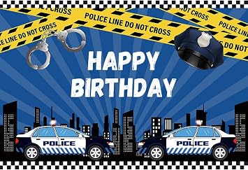 7x5ft Police Theme Happy Birthday Photography Backdrop for Boys Birthday Party Police Car Night Cityscape Photo Background Cake Table Outside Yard Indoor Outdoor Decor Portrait Props