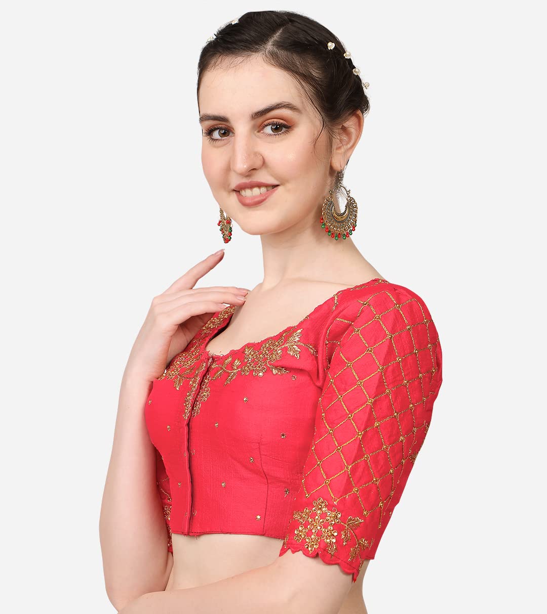 Pujia Mills Women's Embroidery Handwork, Rough Cut Work Stone Work Readymade Blouse (34, Gajari)