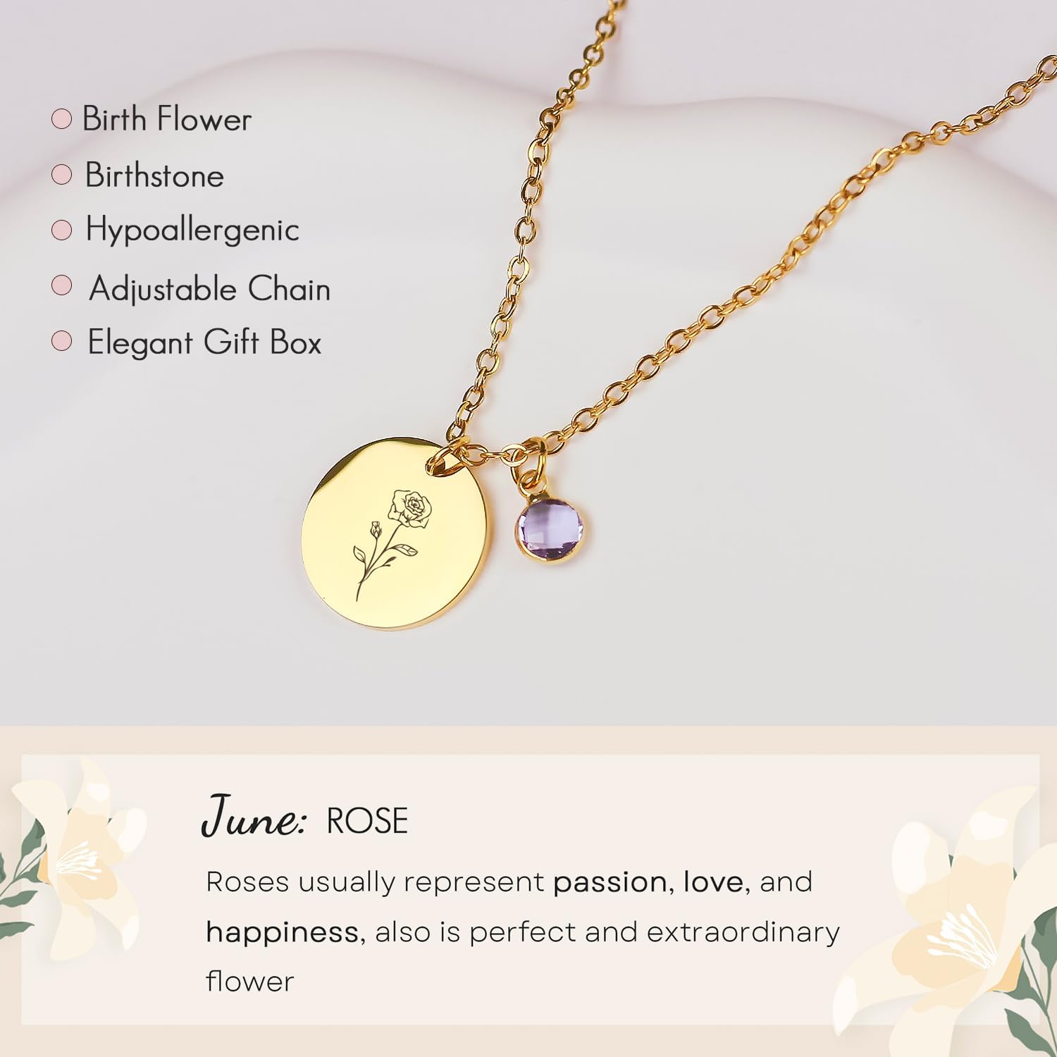 Birth Flower Necklaces for Women, 18K Gold Plated Dainty Birthstone Pendant Necklaces Handmade Birth Month Flower Jewelry Disc Coin Birthday Gifts for Women Girls Teens - Image 4