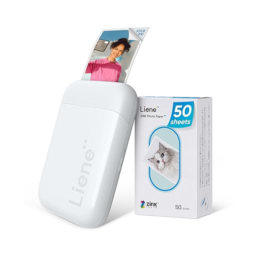 Liene Mini Fotodrucker für Smartphone(5x7,6cm) - mit 50 Blatt Zink-Fotopapier mit Kleberückseite, 300DPI Bluetooth Sofortbilddrucker kompatibel mit iOS & Android Smartphone, Integrierter Akku