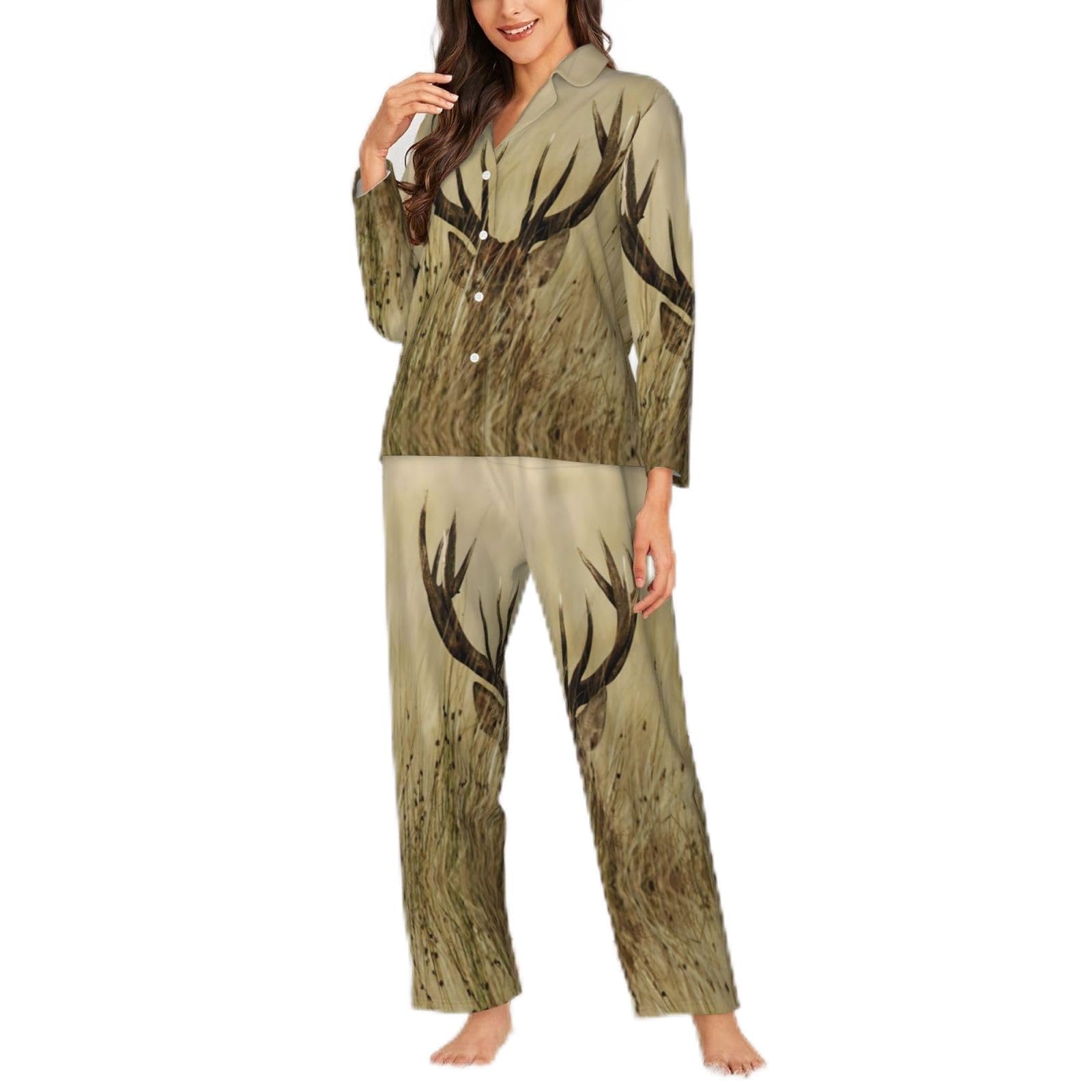 Fgwaauh Women's Black Whitetail Deer Fawn In Wilderness Stag Pajamas Set 2 Piece Long Sleeve Sleepwear Button Down Pjs Lounge Set Nightwear