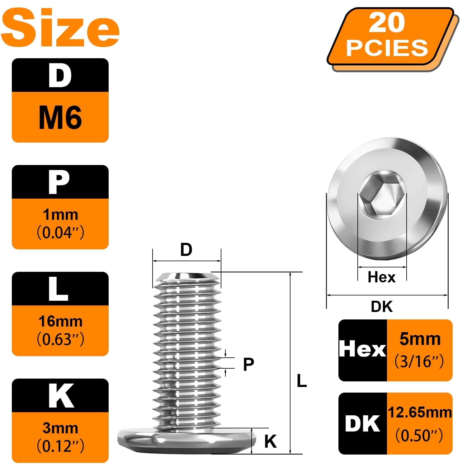 M6 Bolts, Flat Head Hex Socket Cap Screws Bolts, M6 x 16mm 304 Stainless Steel Hex Bolts - Image 2