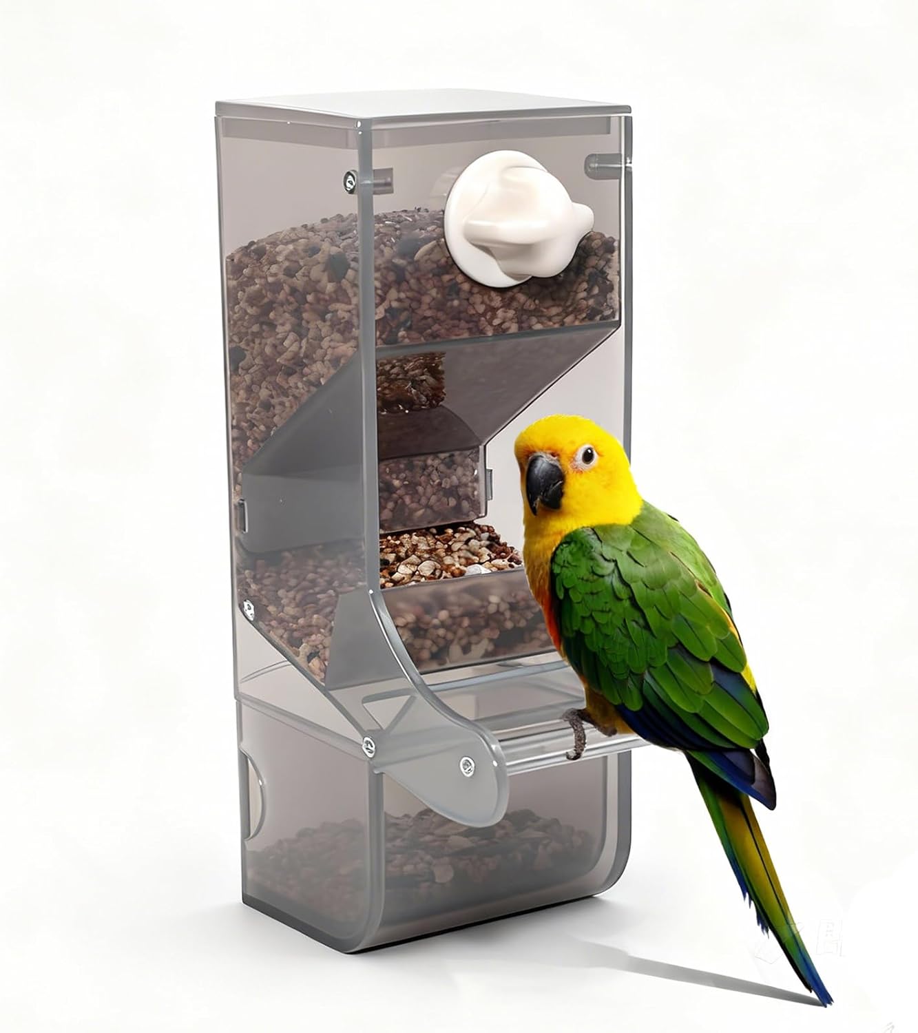 AOTU Automatic No Mess Bird Feeder for Cage – Crack-Resistant Plastic Bird Cage Seed Catcher Clear Bird Cage Feeder for Small Medium Birds Parrots Cockatiels Parakeets Conures Canaries (Light Gray)