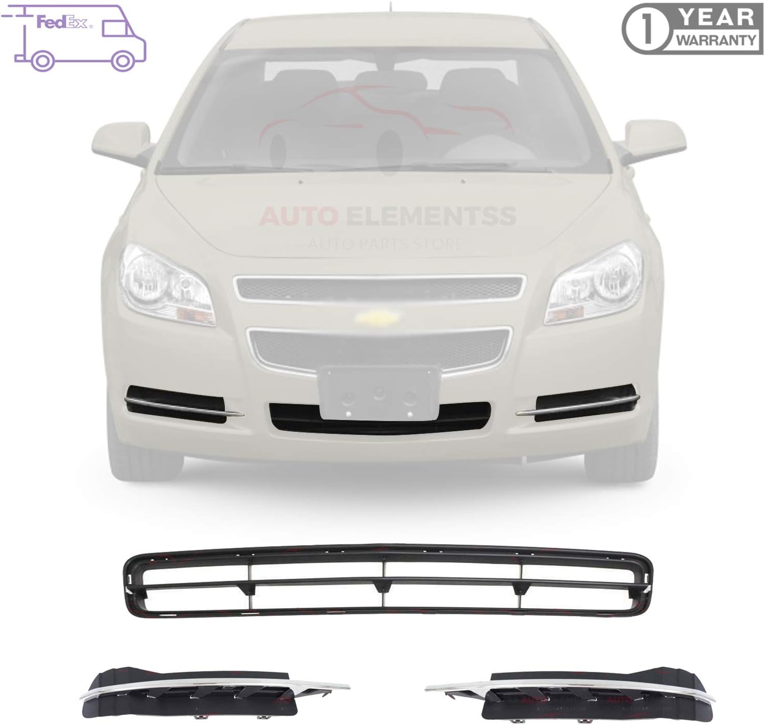 Front Bumper Grille + Fog Light Cover Trims Compatible with Chevrolet Malibu 2008-2012 Direct Replacement 25905344 25905343 15823704