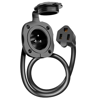 WELLUCK RV Shore Power Inlet Charger Plug 20 Amp 125V AC Power Inlet Port Plug with Integrated Dual 18" Extension Cord, RV Flanged Inlet with Waterproof Back Cover 15Amp AC Port Plug