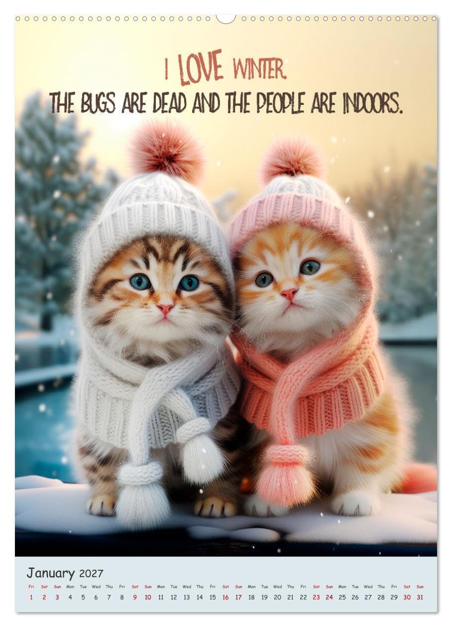 LUNATIC CATS Enjoy hilarious and wacky sayings (High Quality Premium Wall Calendar 2027 DIN A2 portrait),CALVENDO 12 Month Wall Calendar: Ironic furry friends with amusing quips