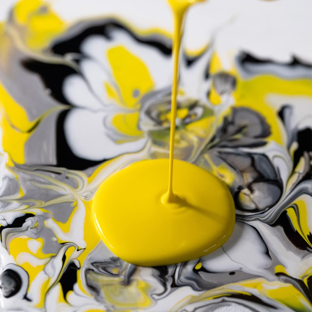 Pébéo 524600 Discovery Acryl Pouring 8 x 118 ml butelki z mieszanymi farbami akrylowymi, natychmiastowy zestaw bez mieszania + 50 ml oleju silikonowego + 4 płótna + akcesoria + instrukcja obsługi