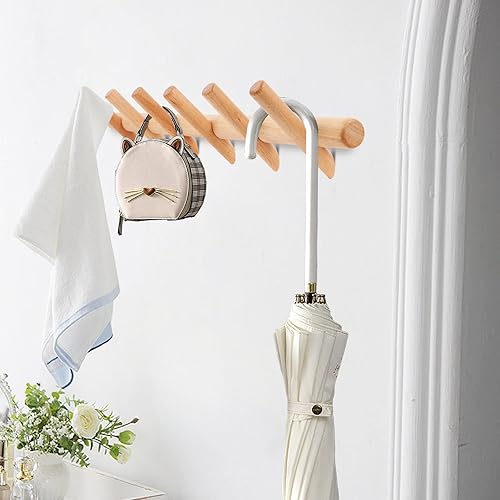 Miniatura 5 de KYSMOTIC Perchero moderno de madera para abrigos y sombreros, montado en la pared, 6 ganchos para clavijas, elegante, natural y liso