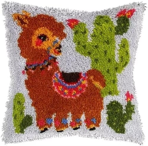 ROCKY&CHAO Knüpfteppich Zum Selber Knüpf-Sets mit Kissen knüpfen-Set 43x43cm Kissenbezug-Set für Erwachsene und Kinder Latch Hook Kit Heimaccessoire(Alpaka) Cover