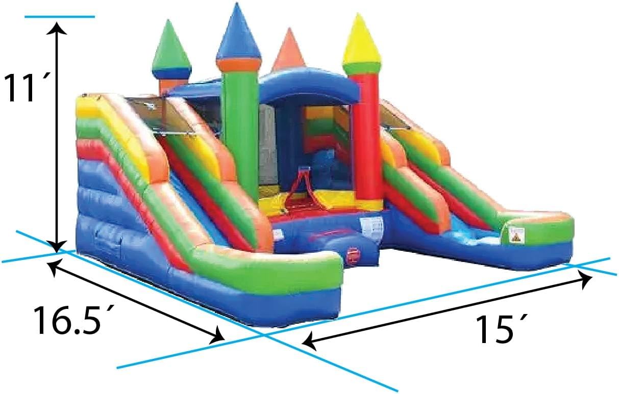 Pogo Bounce House Crossover Rainbow Inflatable Bounce House with Double Inflatable Water Slides for Kids, 16.5 x 15 x 11 Foot, Commercial Outdoor Party Bouncer with Blower, Stakes, Storage Bag