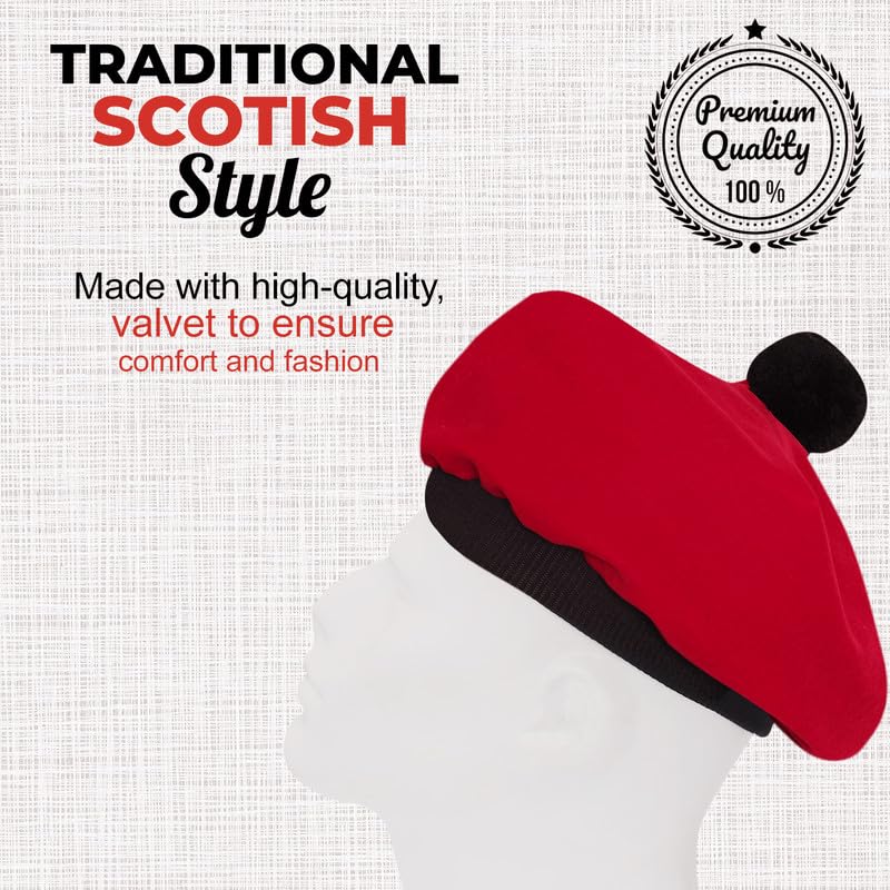 Image of Scottish Tam O' Shanter Hat Tartan Bonnet Pom Pom Wool Flat Cap One Size