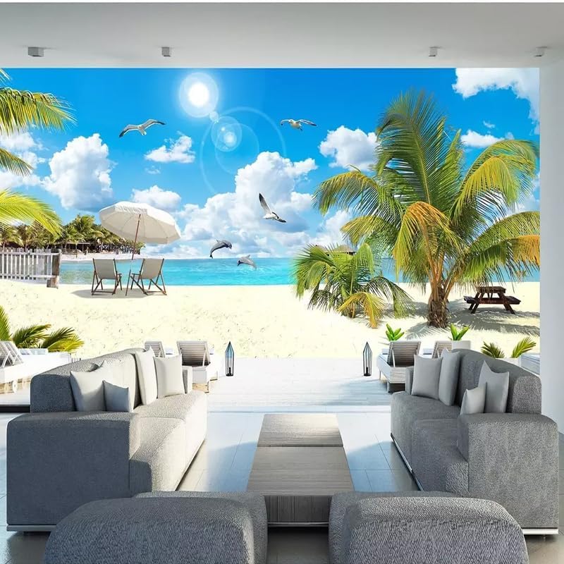 Miniatura 2 de TOKMOCO Custom HD Beach 3D Large Mural Coconut Tree Landscape Self-Adhesive Wallpaper for 3D Living Room Bedroom Wall Murals Home Decor