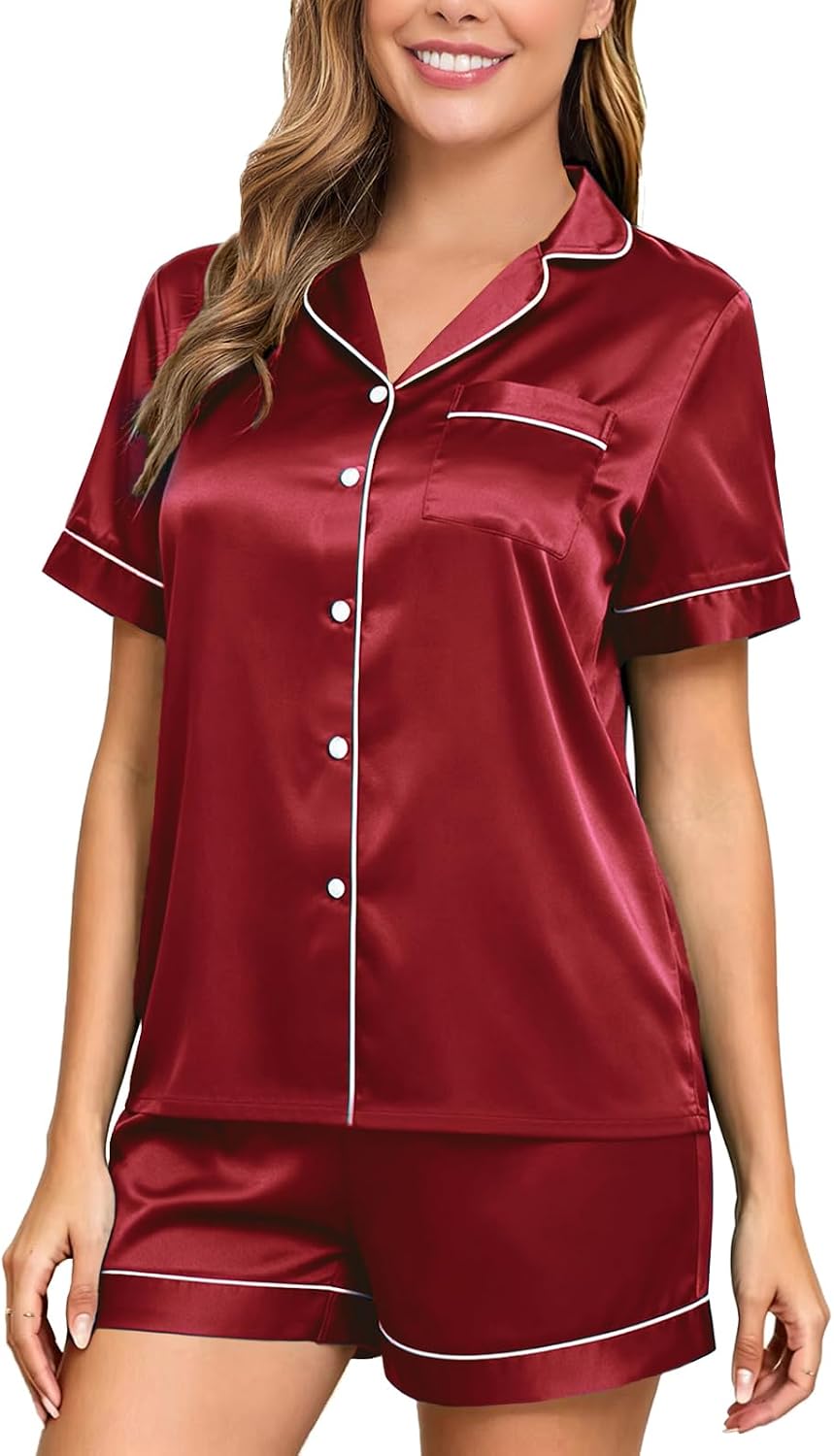 Veseacky Bridal Satin Short Loungewear Button Up with Pockets Getting Ready Sleepwear (Red,L)
