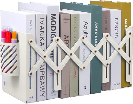 MSDADA Adjustable Bookends, Metal Book Ends for Heavy Books, Expandable Book Organizer with Pen Holder for Desk, Shelf, Office, The First Day of School Stationery Gift for Students,Teachers Beige