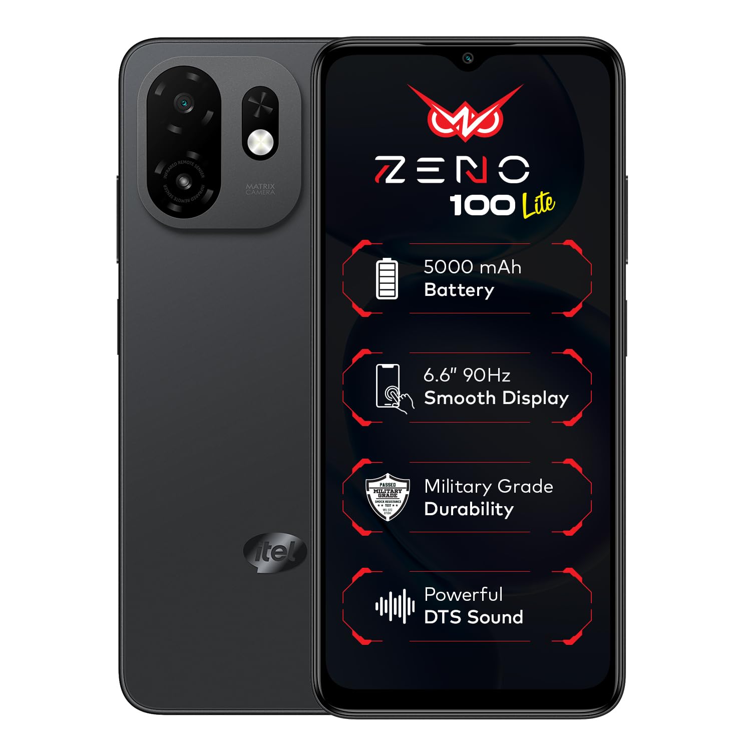 zeno 100 lite | unisoc octa-core processor | 2gb + 4gb ram 64gb storage | 5000mah battery | 6.6" hd+ 90hz display | dts sound | pure black