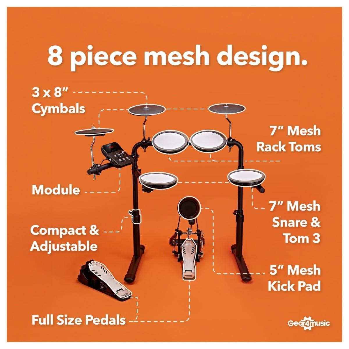 VISIONDRUM+ Batería Electrónica 8 Pads en Malla, Hi-Hat, Kick y Ampli | Kit de Batería Eléctrica Adultos y Niños, Altura Regulable, Diseño Plegable, Ampli, Auriculares, Taburete y Baquetas