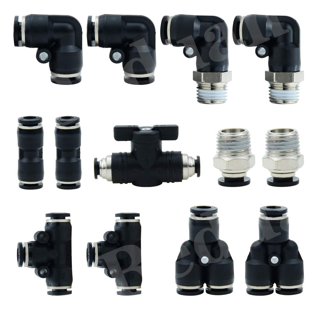 Beduan Pneumatic Push to Connect Fittings Kit Air Line Quick Fittings 2 PL+2 Elbow+2 Tee+2 Y Type+1 Union Ball Valve +2 Male Straight+2 Male Elbow 10mm Tube OD x 1/2 inch NPT (13 Pcs)