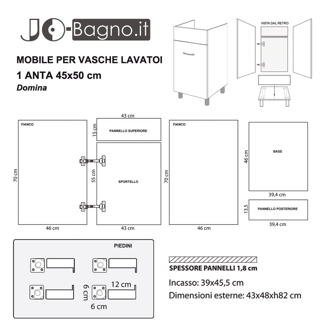 Jo-Bagno.it Mobile Lavatoio Lavanderia 45 x 50 x 84 H in Legno da 1.8 cm con vasca in plastica PVC DOMINA Bianco e Mix (Bianco/Bianco)