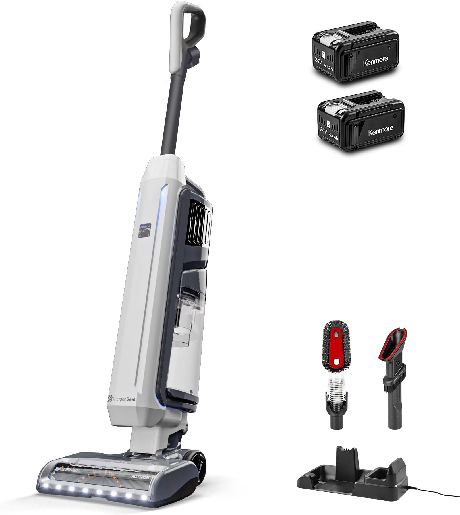 KenmoreCU7005 Litening 24V Cordless Upright Vacuum with Lift-Up & Hair Eliminator Nozzle, Brushless Motor, Up to 80 Mins of Runtime, HEPA Filter & LED Display for Carpets, Hard Floor & Pets, White