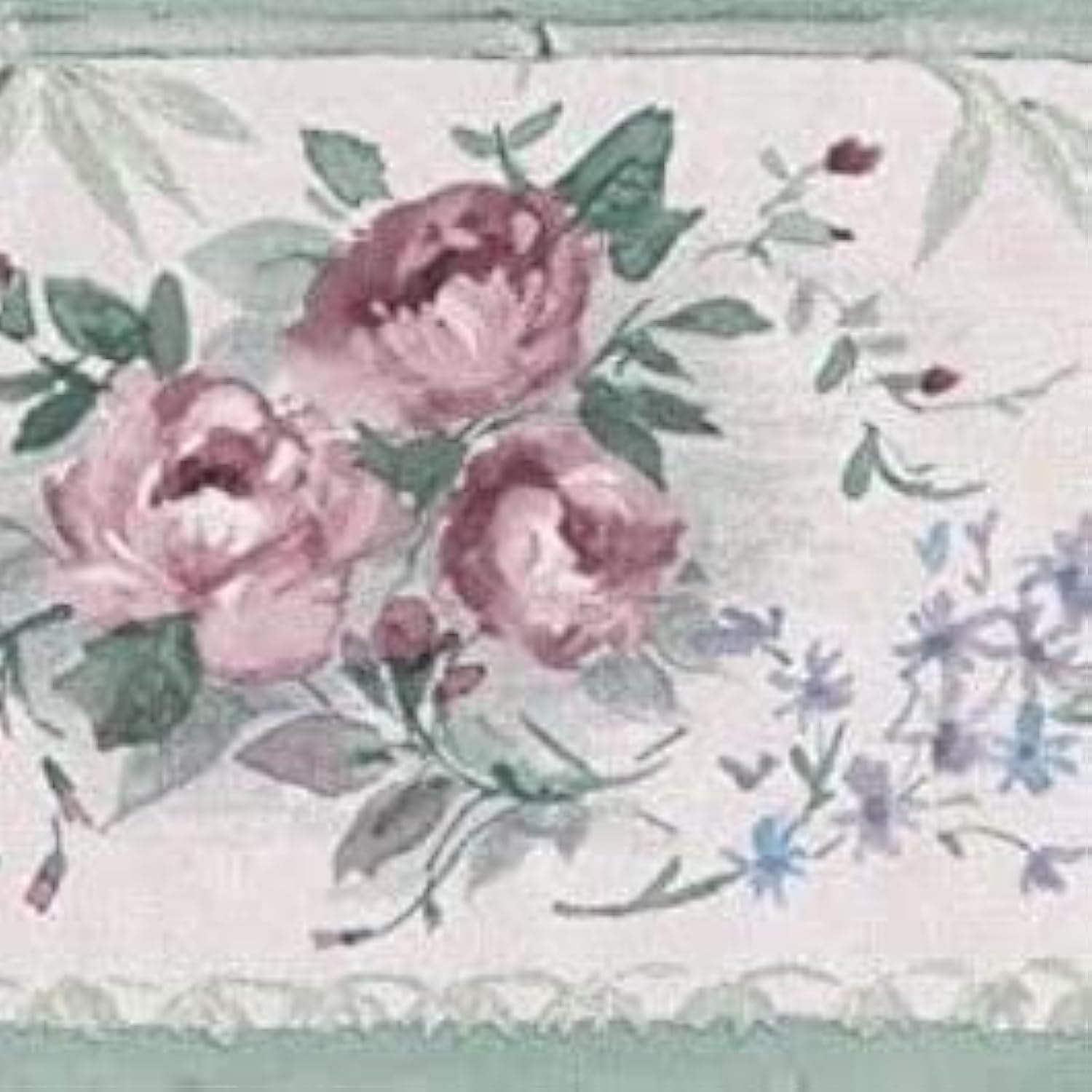 CONCORD WALLCOVERINGS ™ Vintage Rose Floral Wallpaper Border, 4.5" x 15' Traditional Watercolor Design, Muted Cream & Green, Prepasted Vinyl, Washable for Bedroom & Living Room #CN73870
