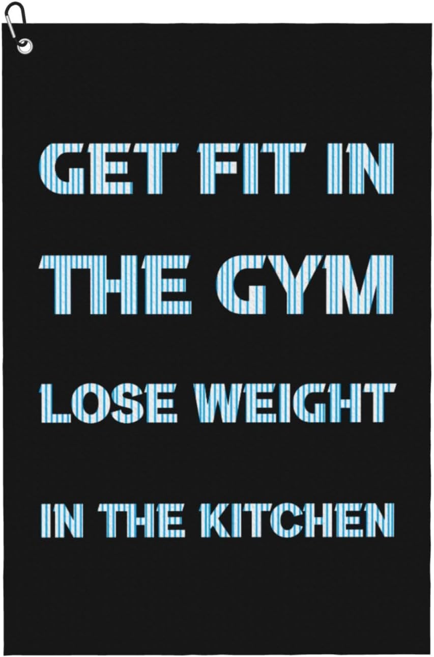 Get Fit in The Gym. Lose Weight in The Kitchen Golf Towel with Carabiner Clip for Golf Bag 24" X 16" Golf Towels Waffle Funny Pattern Golf Accessories