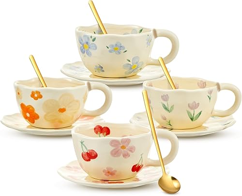 Miniatura 7 de Vesici 1 juego de taza de café de cerámica con cuchara platillo de 8.5 onzas, taza estética floral vintage con asa, bonita taza para té, leche,
